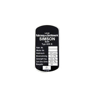 Típustábla /425S/ SIMSON AWO TOURIST-250