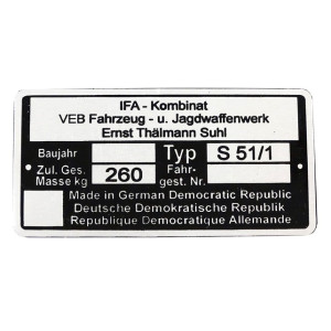 Típustábla SIMSON S51/1