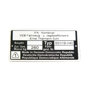 Típustábla SIMSON S51/1B-H40/